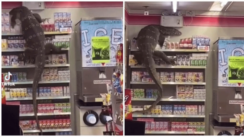 Seekor biawak menyebabkan kekacauan di sebuah toko serba ada di Thailand dengan memanjat ke rak makanan, membuat pengunjung panik