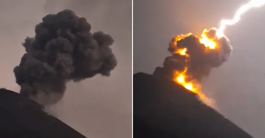 Удивительное видео, как молния ударила в вулкан во время извержения
